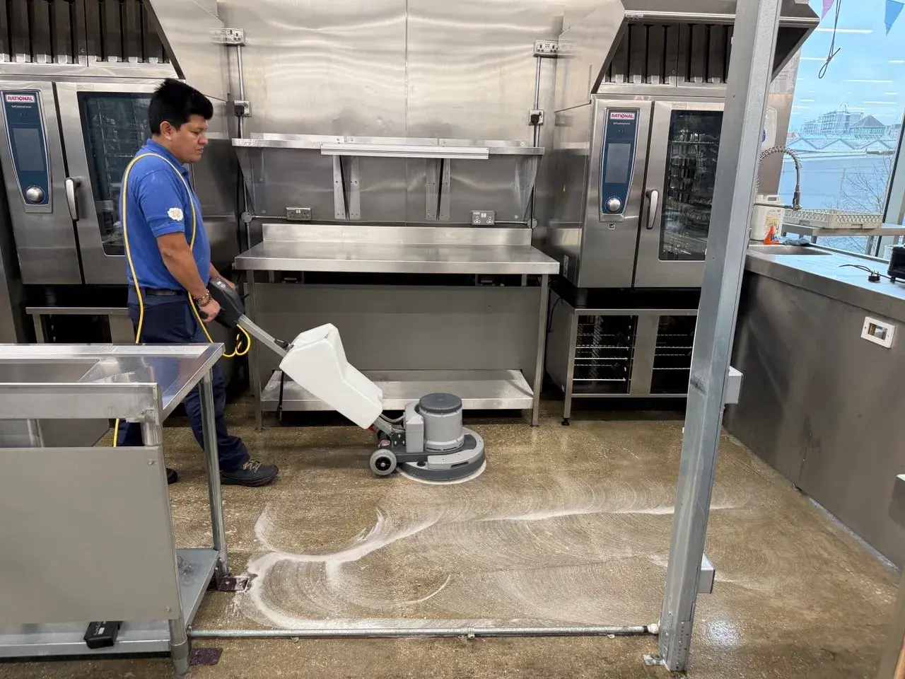Office kitchen floor scrubbed to a finish