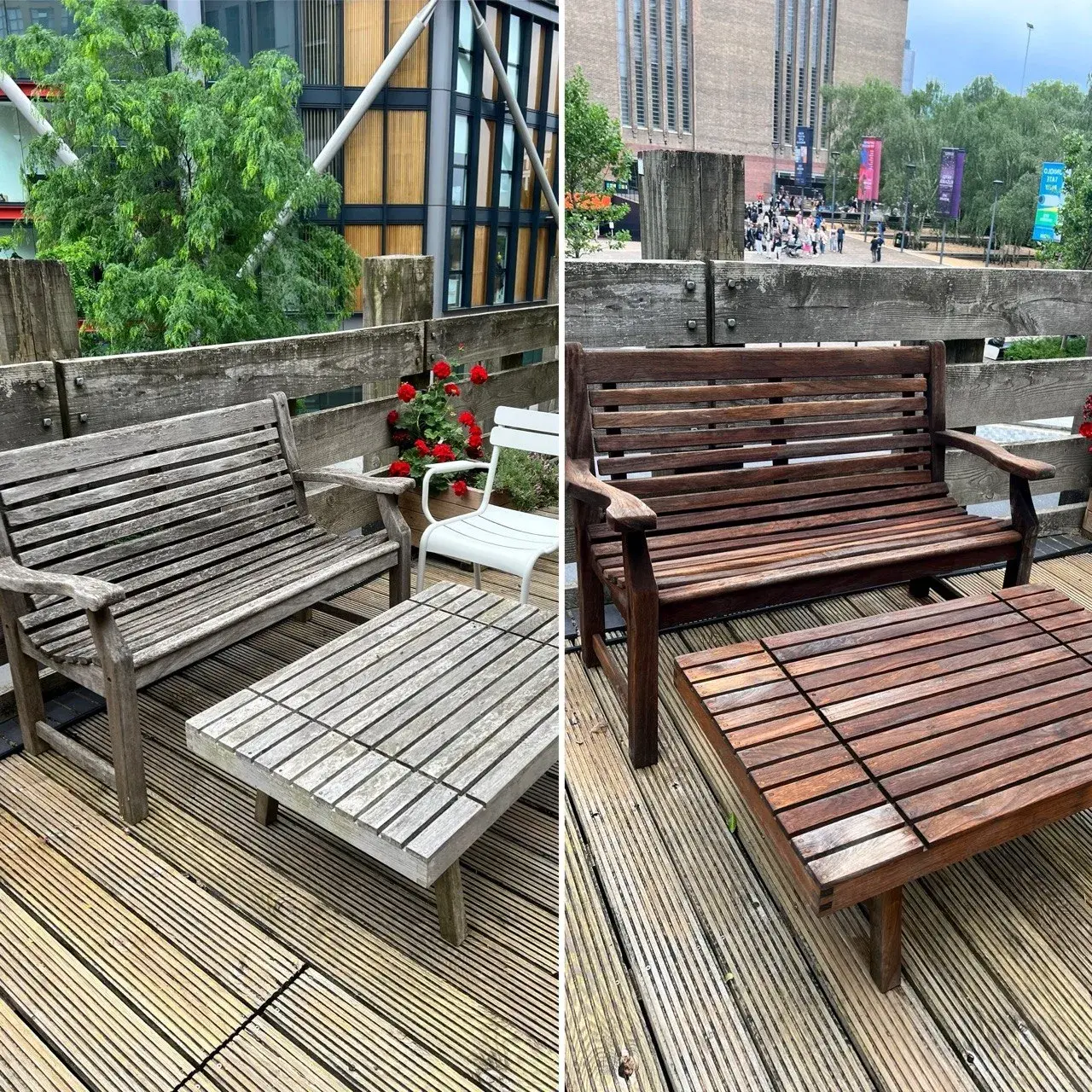 Communal outdoor furniture before and after