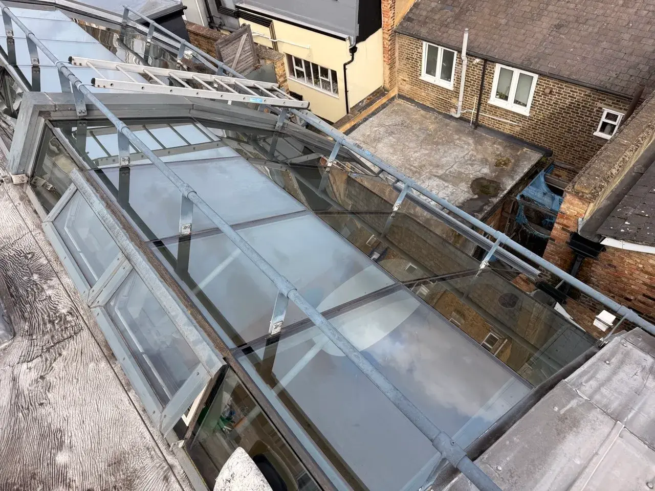 Wide angle view of a cleaned roof and skylights