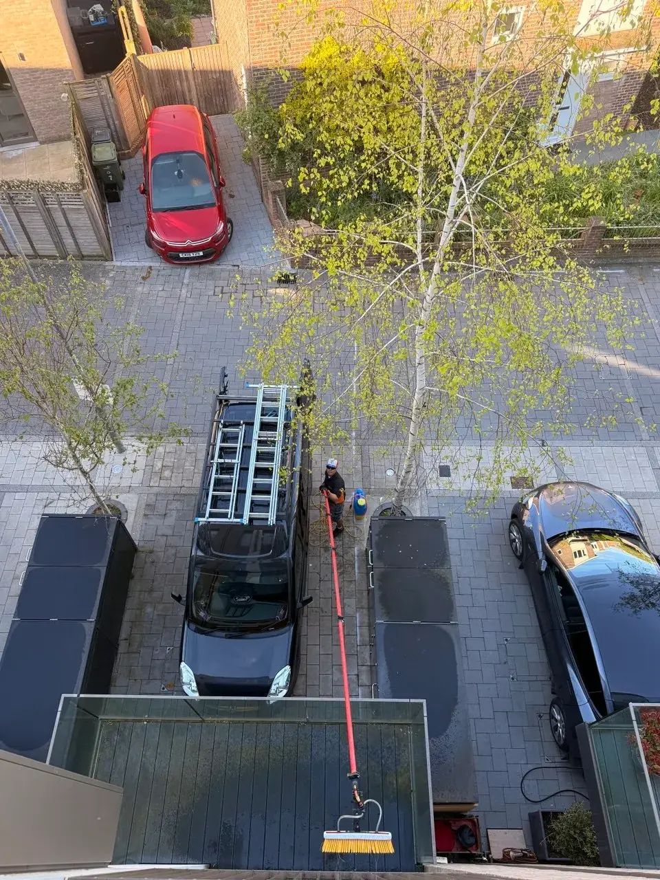 High rise window cleaning seen from above